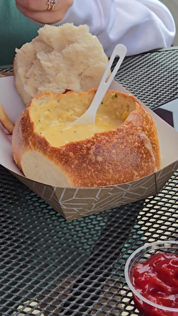 Clam chowder served in a sourdough bread bowl.