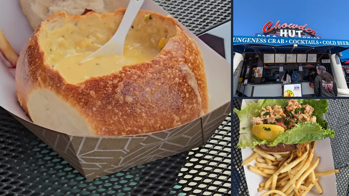 Clam chowder served in a sourdough bread bowl.
