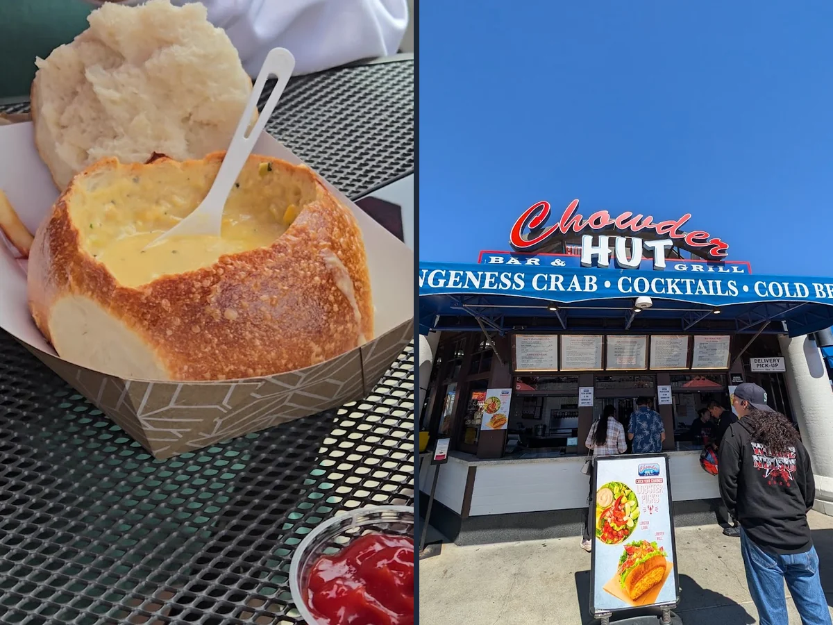 Clam chowder served in a sourdough bread bowl.